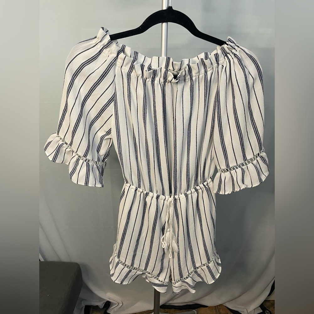 Ava Striped Romper Womens 6 White Navy Off Shoulder‎ Tassel Crochet Coastal Boho